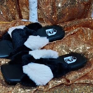 VHNY Black and White Fur Slippers